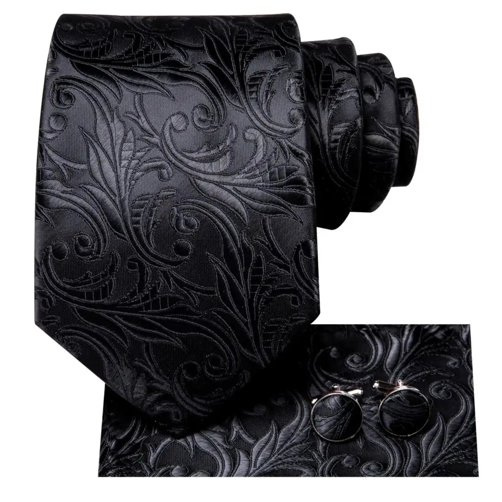 Designer Black Floral Silk Tie for Men – Complete Wedding Set with Handkerchief & Cufflinks.-Nilah Store