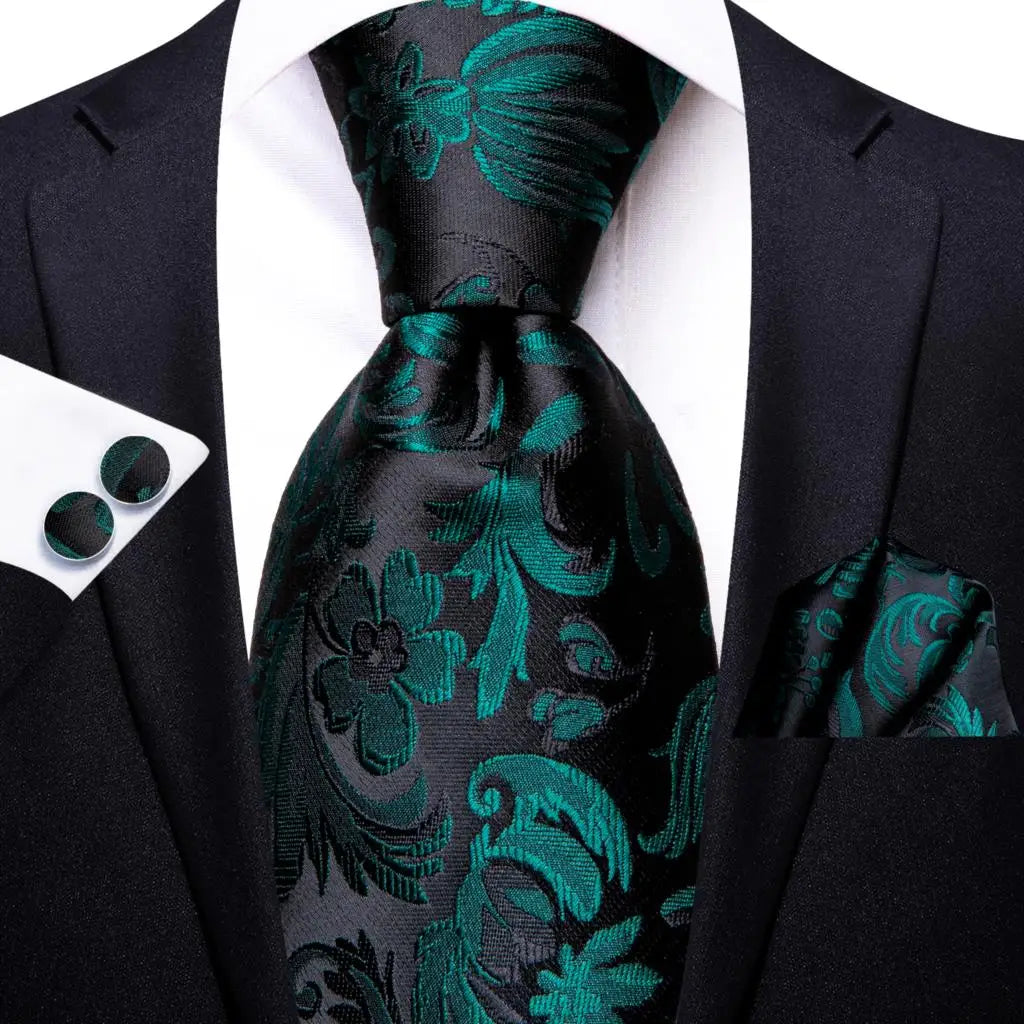 Designer Black Floral Silk Tie for Men – Complete Wedding Set with Handkerchief & Cufflinks.-Nilah Store