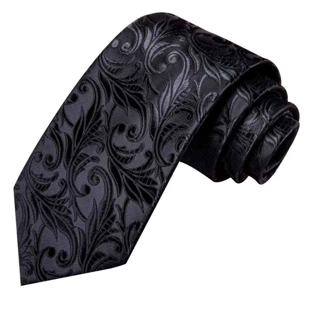 Designer Black Floral Silk Tie for Men – Complete Wedding Set with Handkerchief & Cufflinks.-Nilah Store