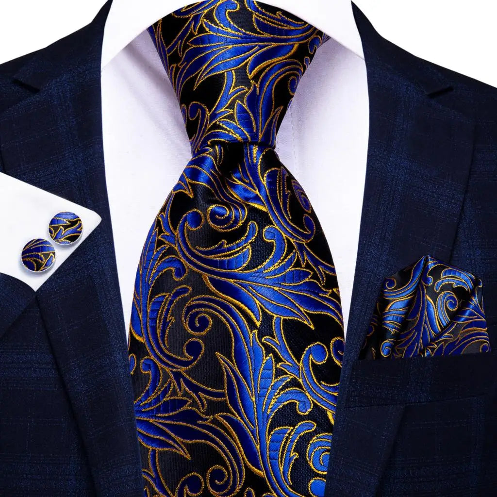 Designer Black Floral Silk Tie for Men – Complete Wedding Set with Handkerchief & Cufflinks.-Nilah Store