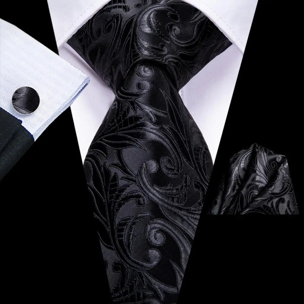 Designer Black Floral Silk Tie for Men – Complete Wedding Set with Handkerchief & Cufflinks.-Nilah Store