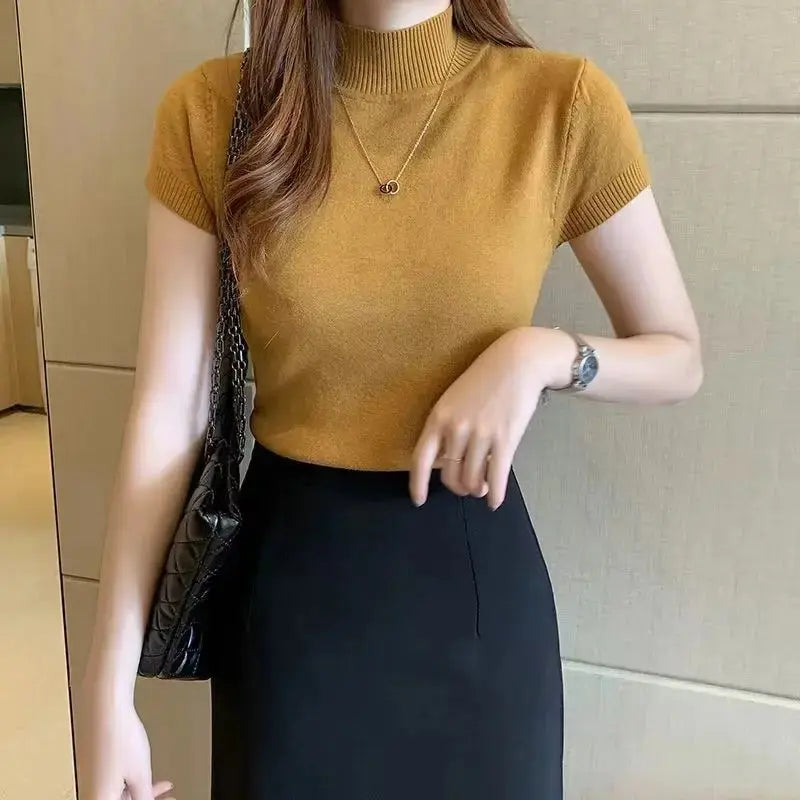 Korean Style Women's Half-High Neck T-Shirt – Fashionable Solid-Coloured Casual Top.-Nilah Store