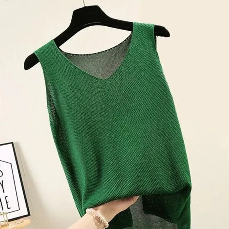 Summer Sleeveless V-neck Knitted Blouse for Women.-Nilah Store