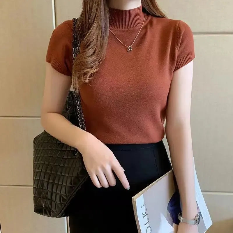 Korean Style Women's Half-High Neck T-Shirt – Fashionable Solid-Coloured Casual Top.-Nilah Store