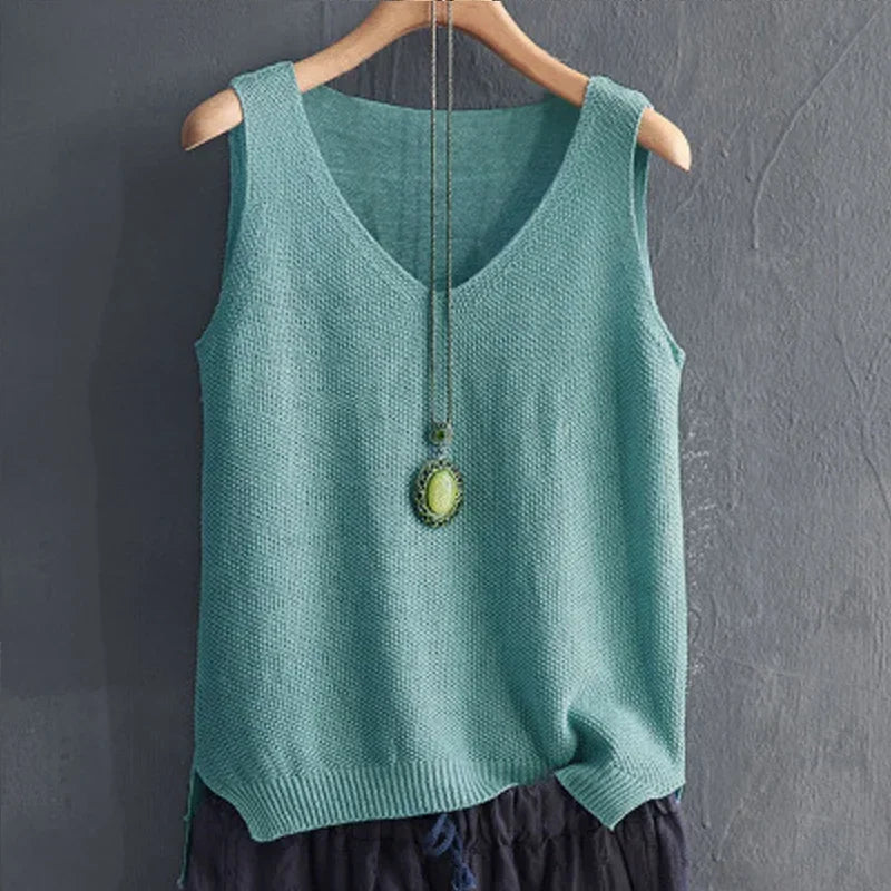 Summer Sleeveless V-neck Knitted Blouse for Women.-Nilah Store