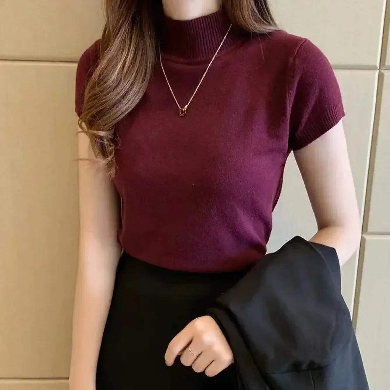 Korean Style Women's Half-High Neck T-Shirt – Fashionable Solid-Coloured Casual Top.-Nilah Store