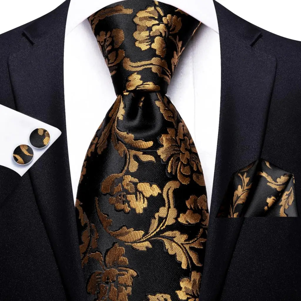 Designer Black Floral Silk Tie for Men – Complete Wedding Set with Handkerchief & Cufflinks.-Nilah Store