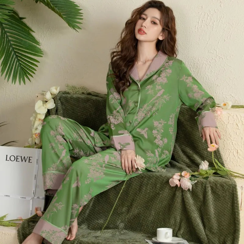 Women’s Ice Silk Pajama Set – Green Cardigan 2-Piece Loungewear.