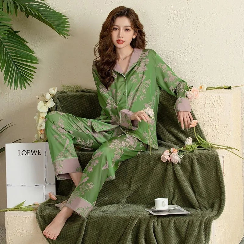 Women’s Ice Silk Pajama Set – Green Cardigan 2-Piece Loungewear.