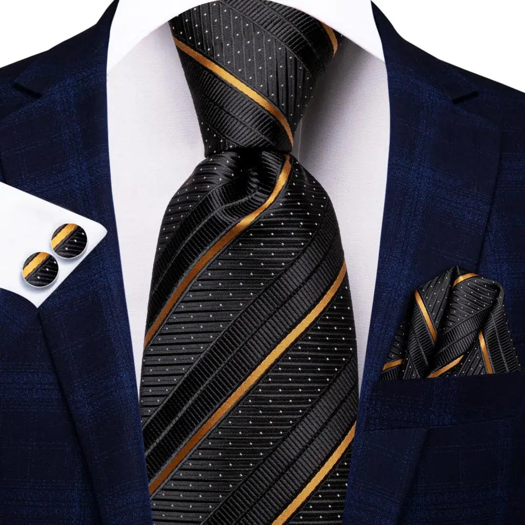 Designer Black Floral Silk Tie for Men – Complete Wedding Set with Handkerchief & Cufflinks.-Nilah Store