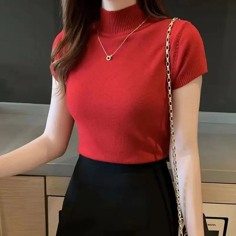 Korean Style Women's Half-High Neck T-Shirt – Fashionable Solid-Coloured Casual Top.-Nilah Store