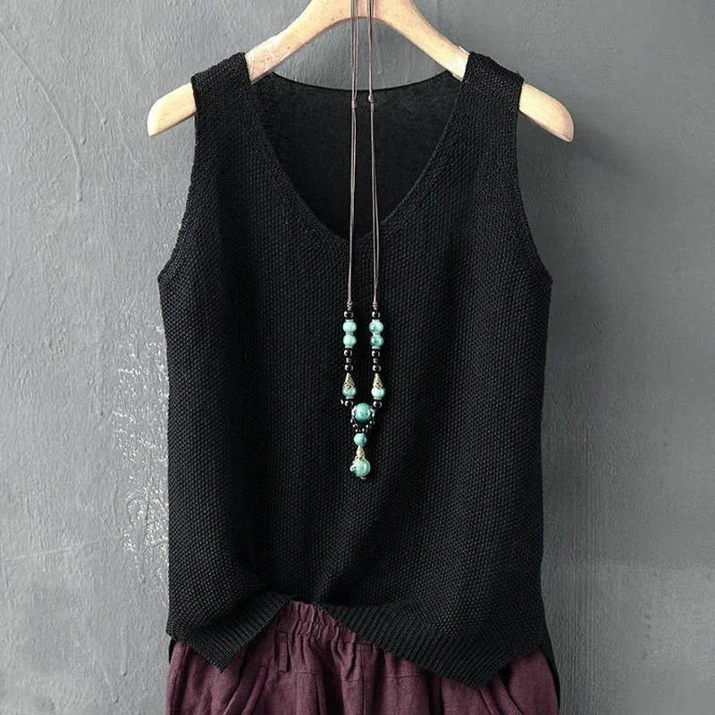 Summer Sleeveless V-neck Knitted Blouse for Women.-Nilah Store