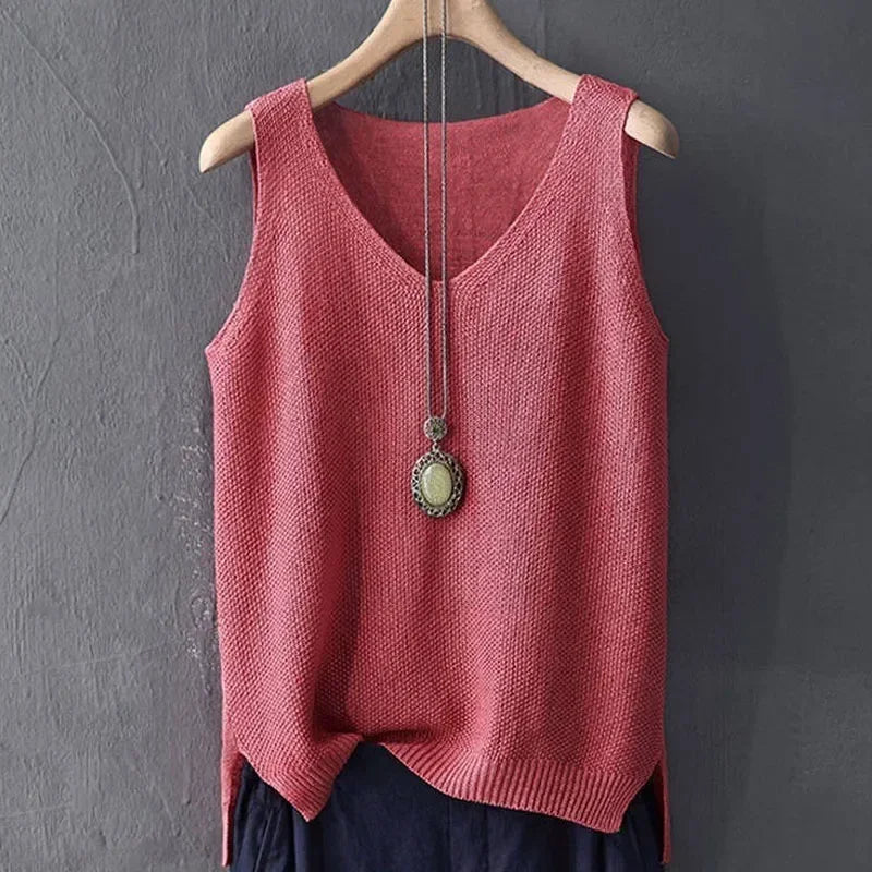 Summer Sleeveless V-neck Knitted Blouse for Women.-Nilah Store