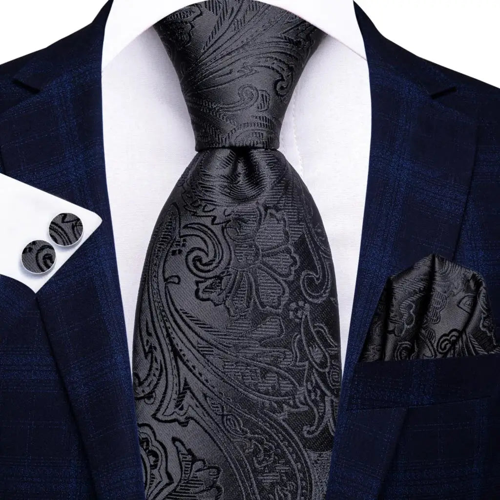 Designer Black Floral Silk Tie for Men – Complete Wedding Set with Handkerchief & Cufflinks.-Nilah Store