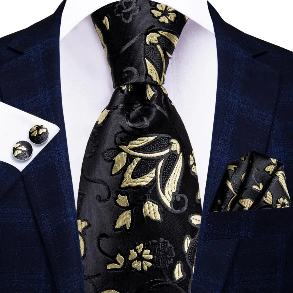 Designer Black Floral Silk Tie for Men – Complete Wedding Set with Handkerchief & Cufflinks.-Nilah Store