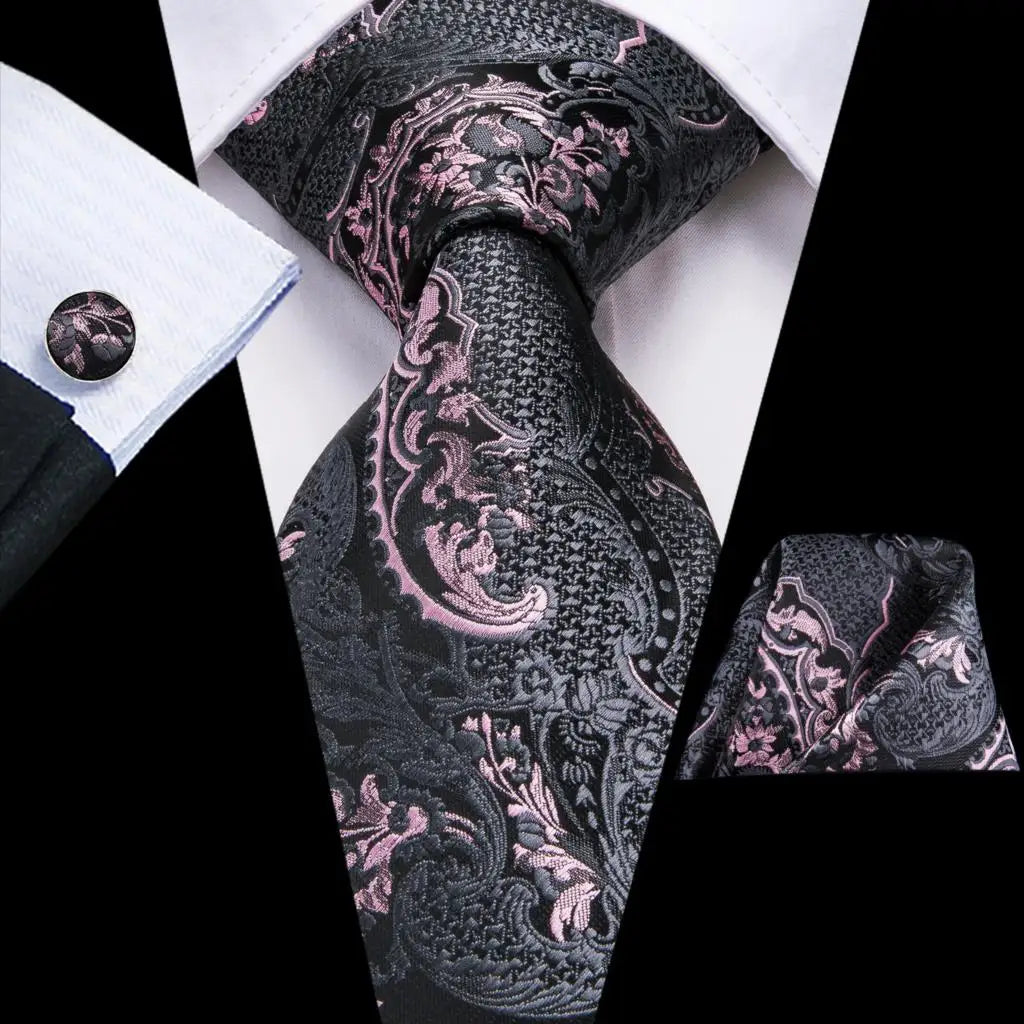 Designer Black Floral Silk Tie for Men – Complete Wedding Set with Handkerchief & Cufflinks.-Nilah Store