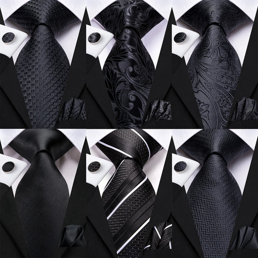 Designer Black Floral Silk Tie for Men – Complete Wedding Set with Handkerchief & Cufflinks.-Nilah Store