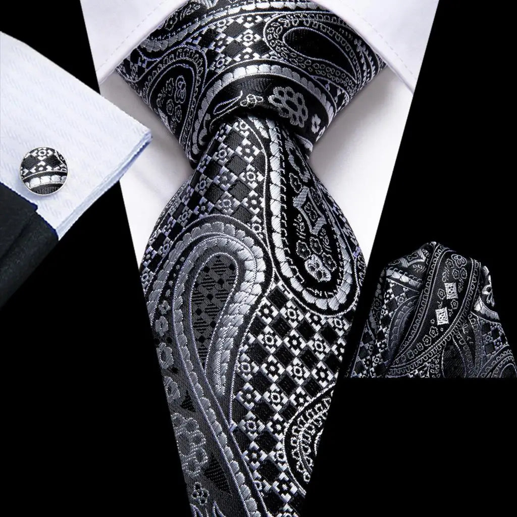 Designer Black Floral Silk Tie for Men – Complete Wedding Set with Handkerchief & Cufflinks.-Nilah Store