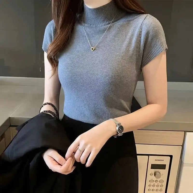 Korean Style Women's Half-High Neck T-Shirt – Fashionable Solid-Coloured Casual Top.-Nilah Store