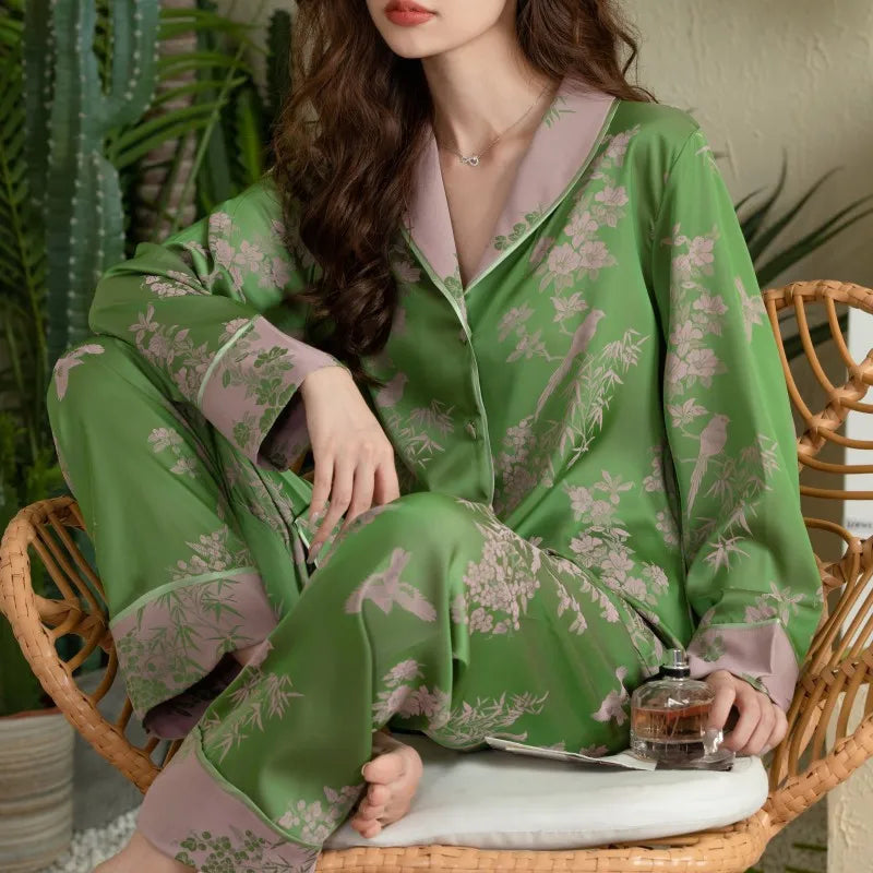 Women’s Ice Silk Pajama Set – Green Cardigan 2-Piece Loungewear.