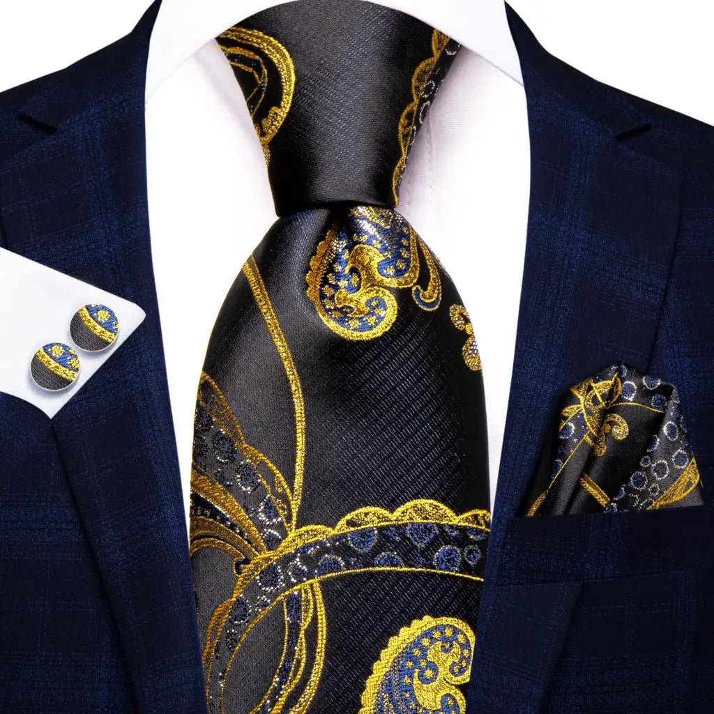 Designer Black Floral Silk Tie for Men – Complete Wedding Set with Handkerchief & Cufflinks.-Nilah Store