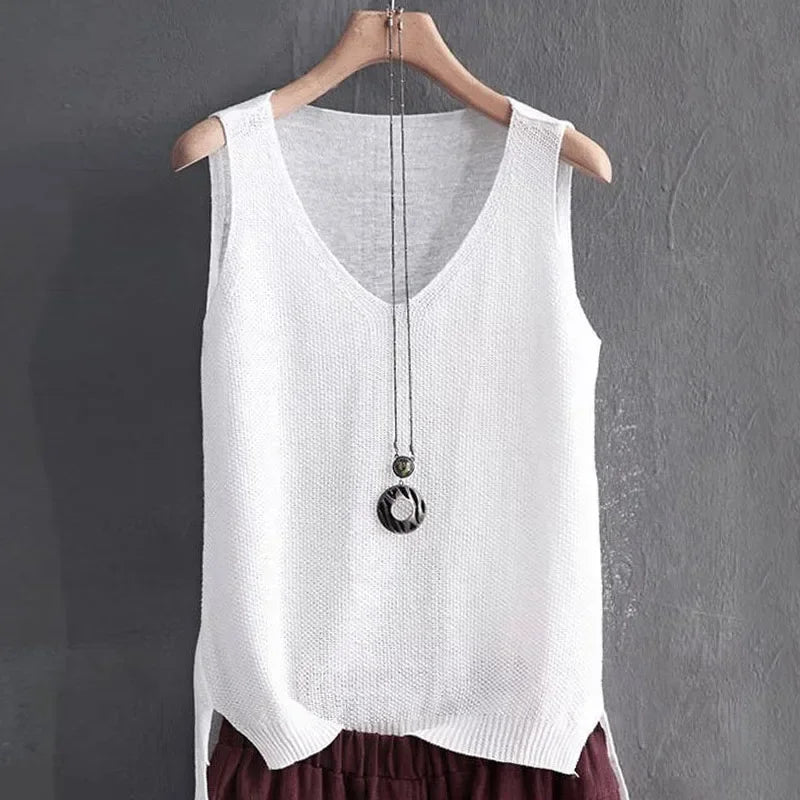 Summer Sleeveless V-neck Knitted Blouse for Women.-Nilah Store