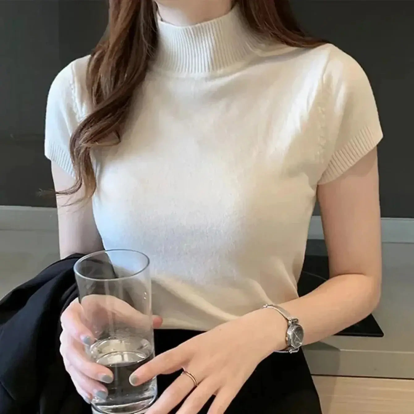 Korean Style Women's Half-High Neck T-Shirt – Fashionable Solid-Coloured Casual Top.-Nilah Store