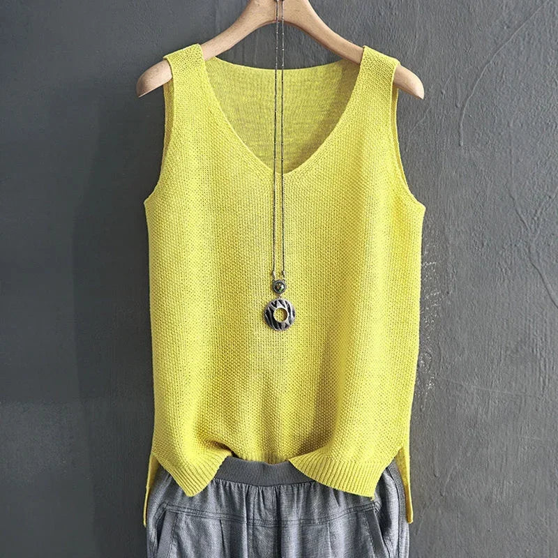 Summer Sleeveless V-neck Knitted Blouse for Women.-Nilah Store