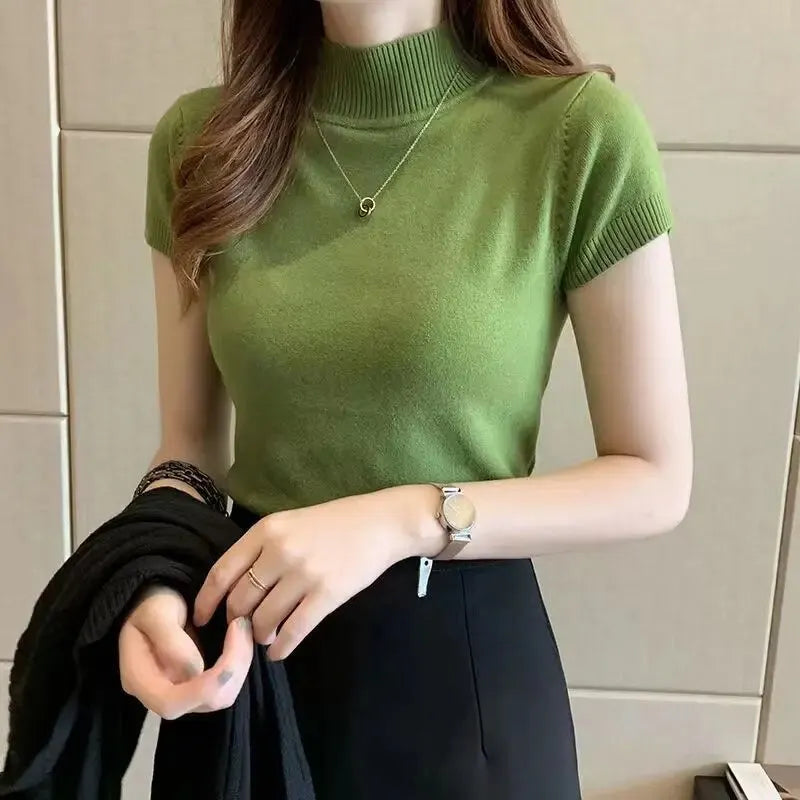 Korean Style Women's Half-High Neck T-Shirt – Fashionable Solid-Coloured Casual Top.-Nilah Store