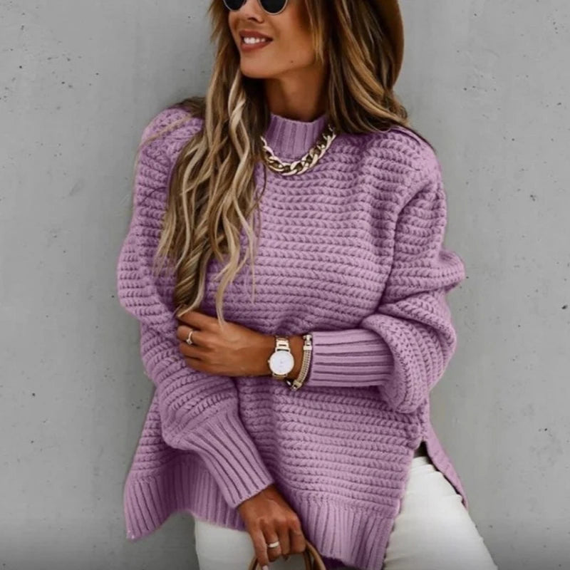 2024 Women’s Loose Split Knitted Sweater -  Long Sleeve, High Neck.-Nilah Store