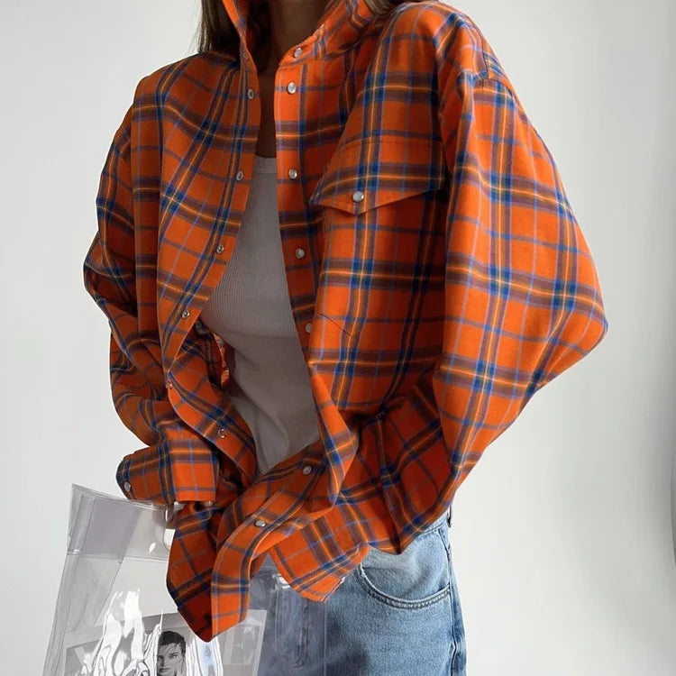 Women's Vintage Plaid Shirt – Loose Fit, Long Sleeve, Button-Down.