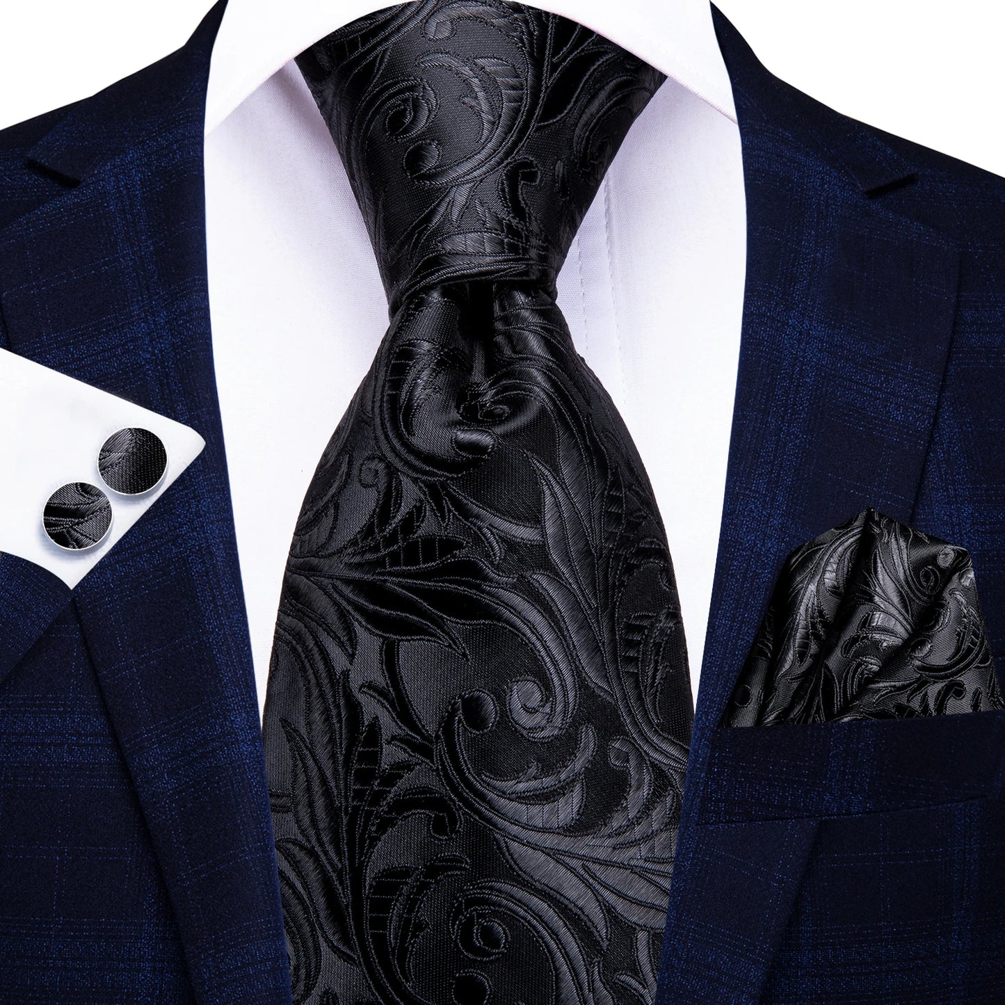 Designer Black Floral Silk Tie for Men – Complete Wedding Set with Handkerchief & Cufflinks.-Nilah Store